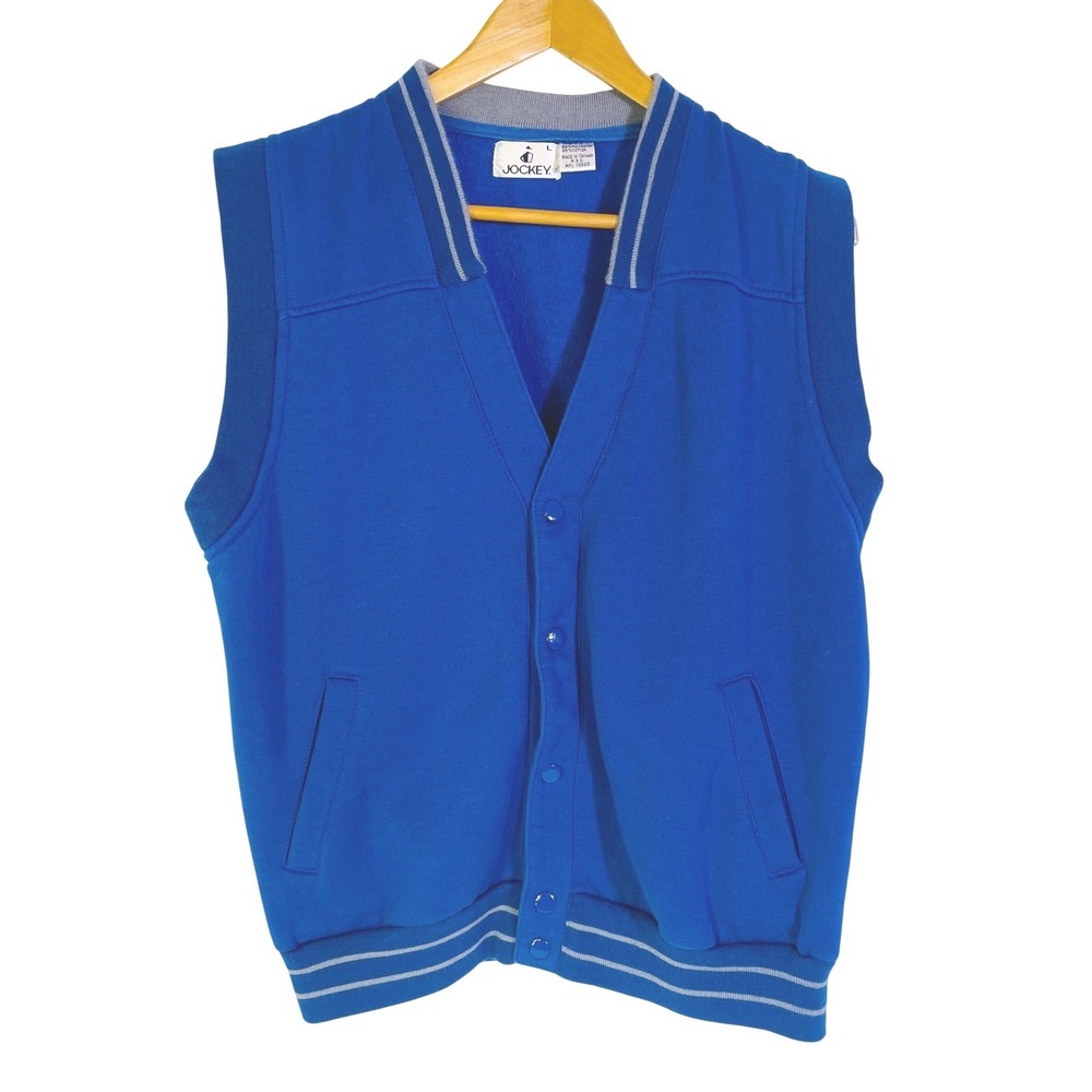 VTG Jockey Varsity Sweatshirt Vest Men's L Royal Blue Snap Front‎ Striped Trim